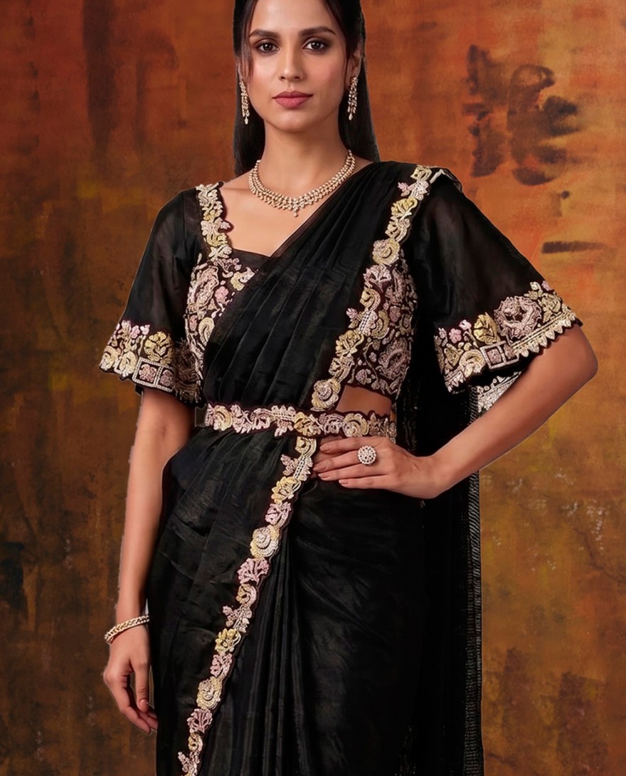 27121 - Metal Black Embroidered Wedding Party Designer Saree